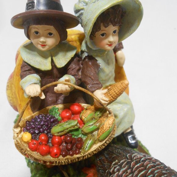 VTG RESIN FALL DECOR TURKEY PULLING PILGRIM CHILDREN IN PUMPKIN CARRIAGE 9"X51/4 - Picture 9 of 9